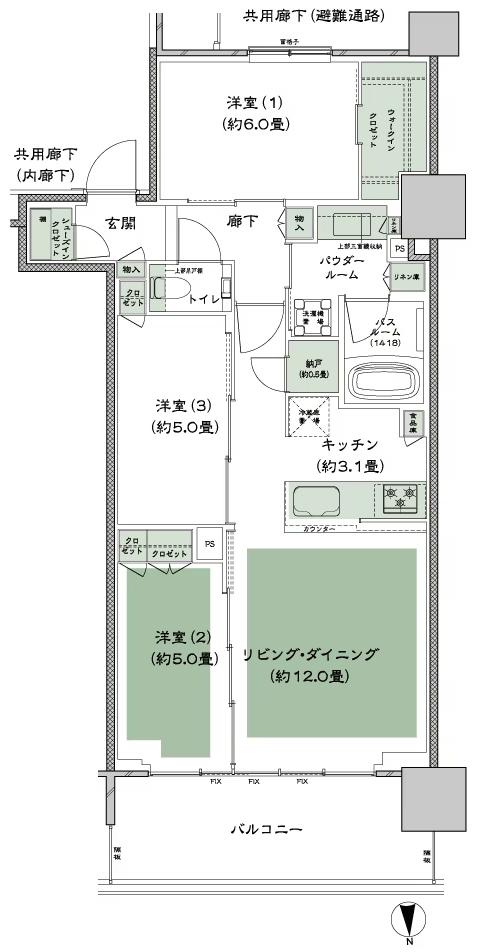グランドシティタワー月島の間取り図　N-70Btr：3LDK+N(納戸)+WIC(ウォークインクロゼット)+SIC(シューズインクロゼット)