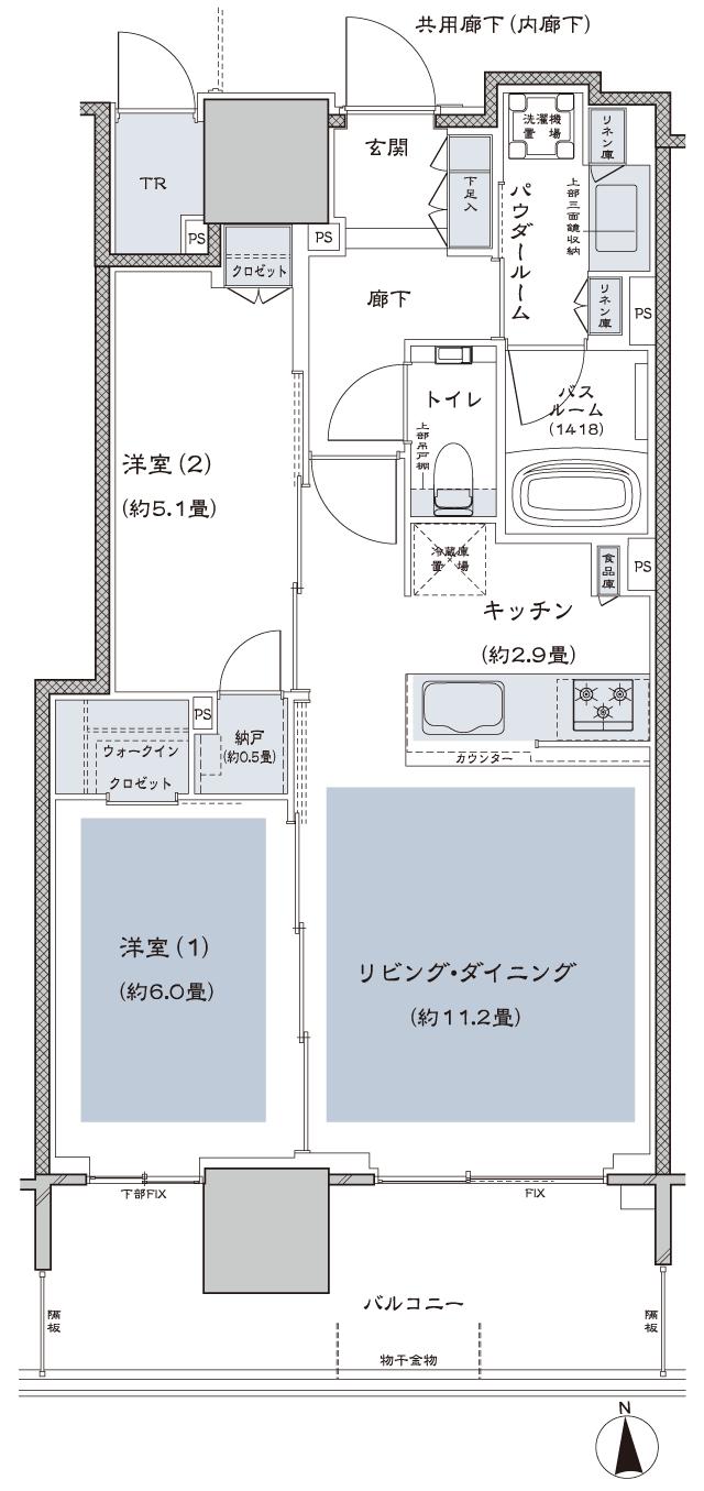 グランドシティタワー月島の間取り図　S-60Btr：2LDK+N(納戸)+WIC(ウォークインクロゼット)