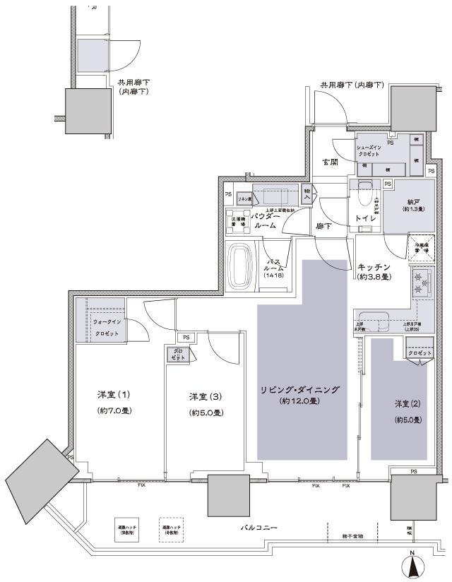 グランドシティタワー月島の間取り図　S-70Btr：3LDK+N(納戸)+WIC(ウォークインクロゼット)+SIC(シューズインクロゼット)