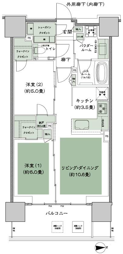 グランドシティタワー月島の間取り図　E-60A：2LDK+N(納戸)+2WIC(ウォークインクロゼット)+SIC(シューズインクロゼット)