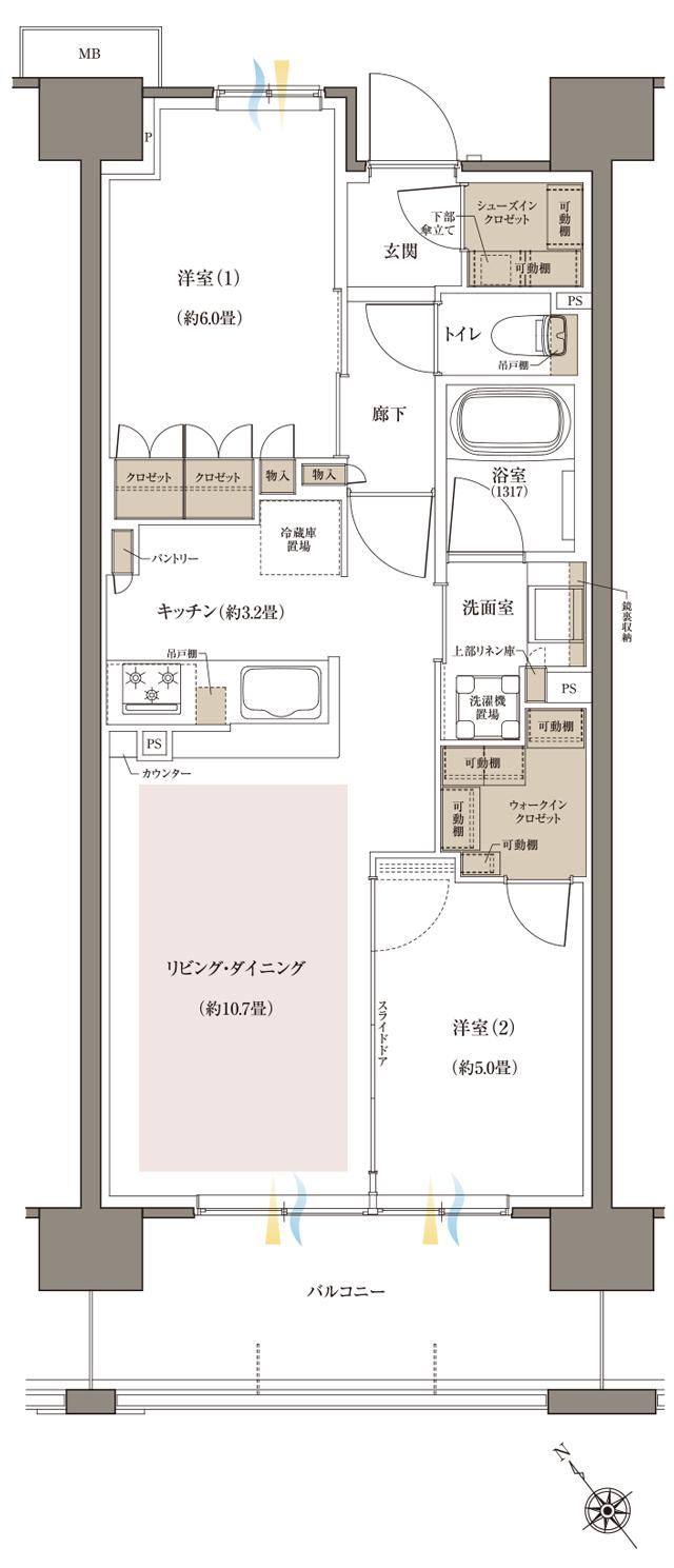 Brillia(ブリリア)八王子 River Terraceの間取り図　E：2LDK+WIC+SIC