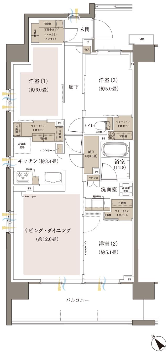 Brillia(ブリリア)八王子 River Terraceの間取り図　A：3LDK+3WIC+SIC+N