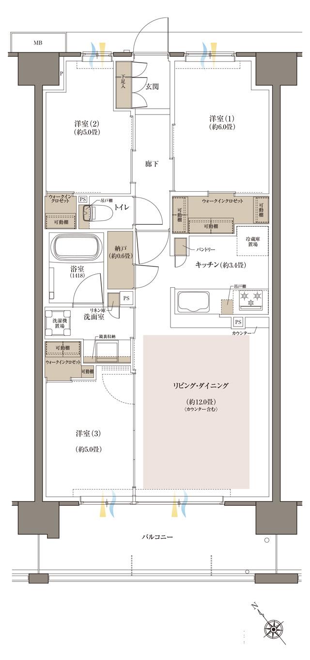 Brillia(ブリリア)八王子 River Terraceの間取り図　B7：3LDK+3WIC+N