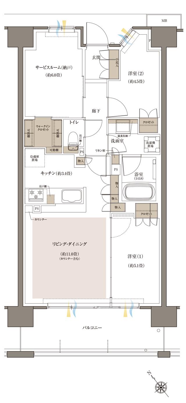 Brillia(ブリリア)八王子 River Terraceの間取り図　D1(2～8F)：2LDK+S+WIC