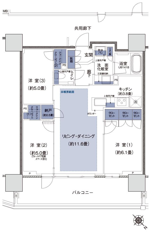 プラウドタワー相模大野クロスの間取り図　J1：3LDK+N+2WIC