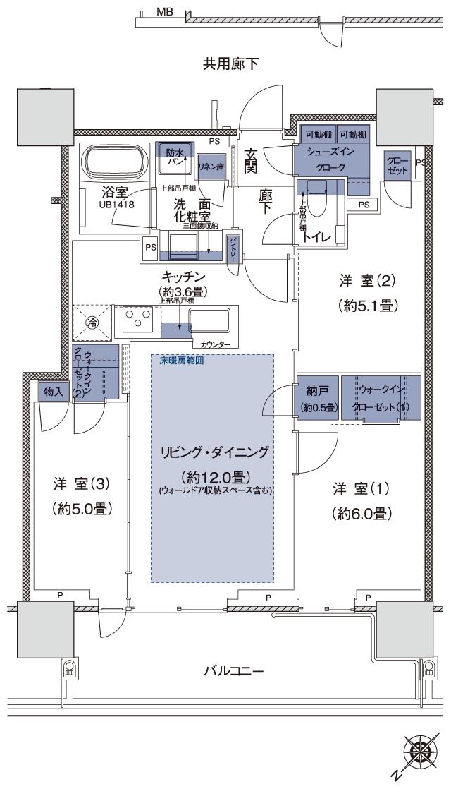 プラウドタワー相模大野クロスの間取り図　P：3LDK+N+2WIC+SIC