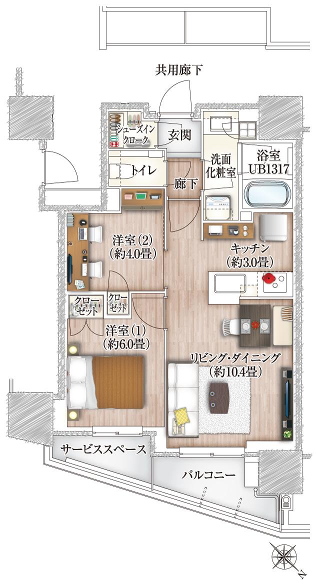 プラウドタワー相模大野クロスの間取り図　I：2LDK+SIC