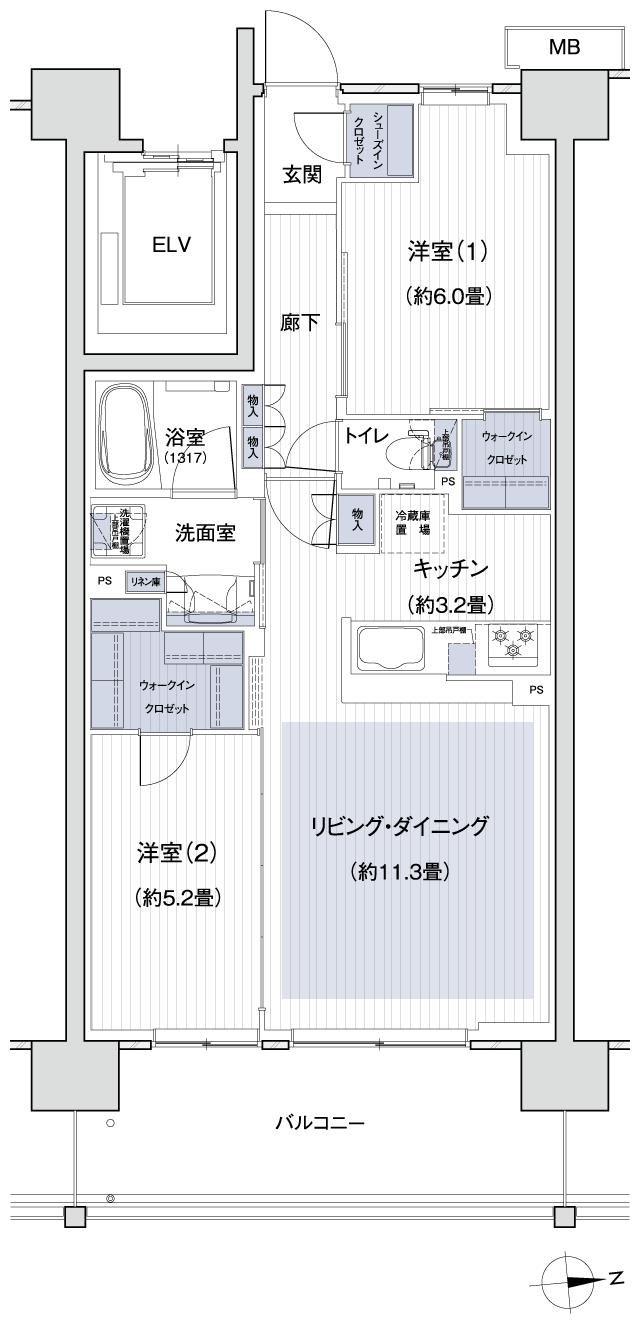 Grace Garden 小平小川東の間取り図　D5：2LDK+2WIC+SIC