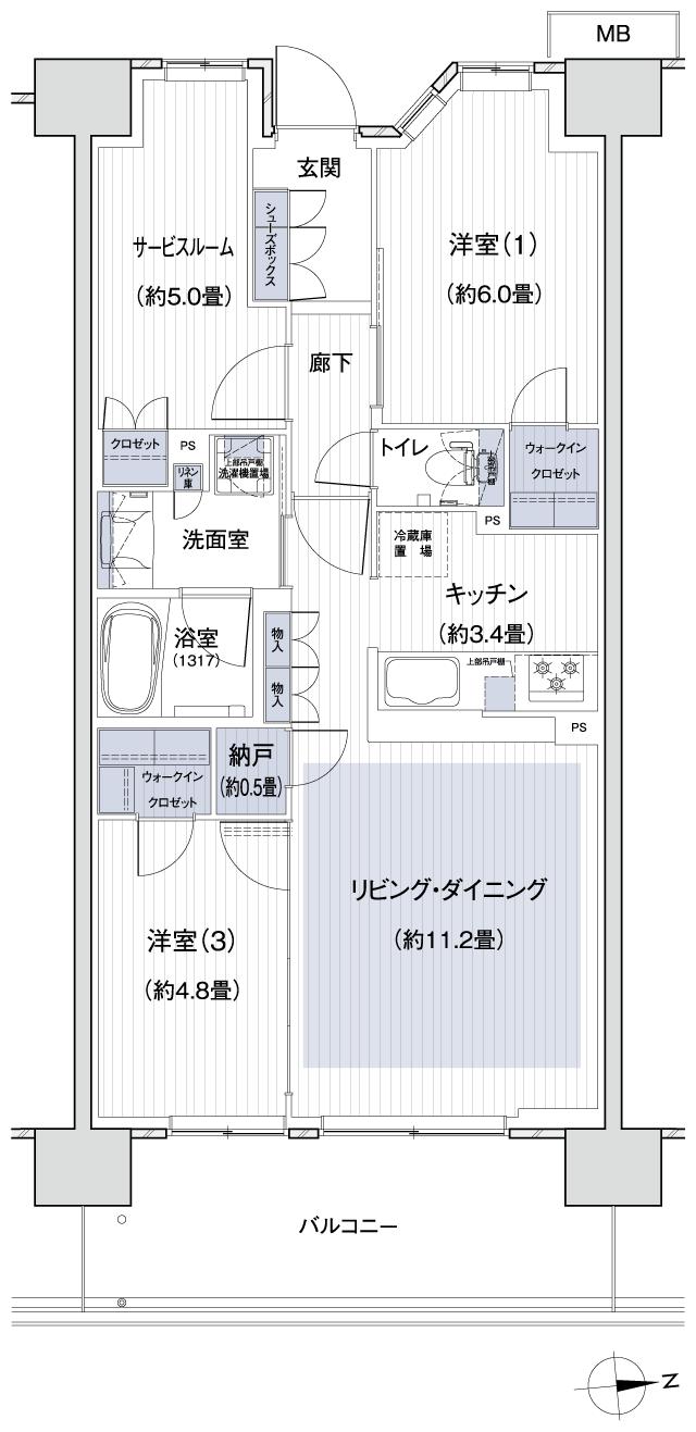 Grace Garden 小平小川東の間取り図　D7：2LDK+S(サービスルーム[納戸])+N+2WIC
