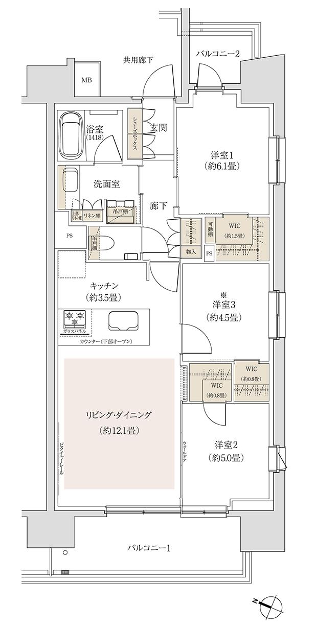 ザ・パークハウス 板橋本町の間取り図　F：3LDK+3WIC