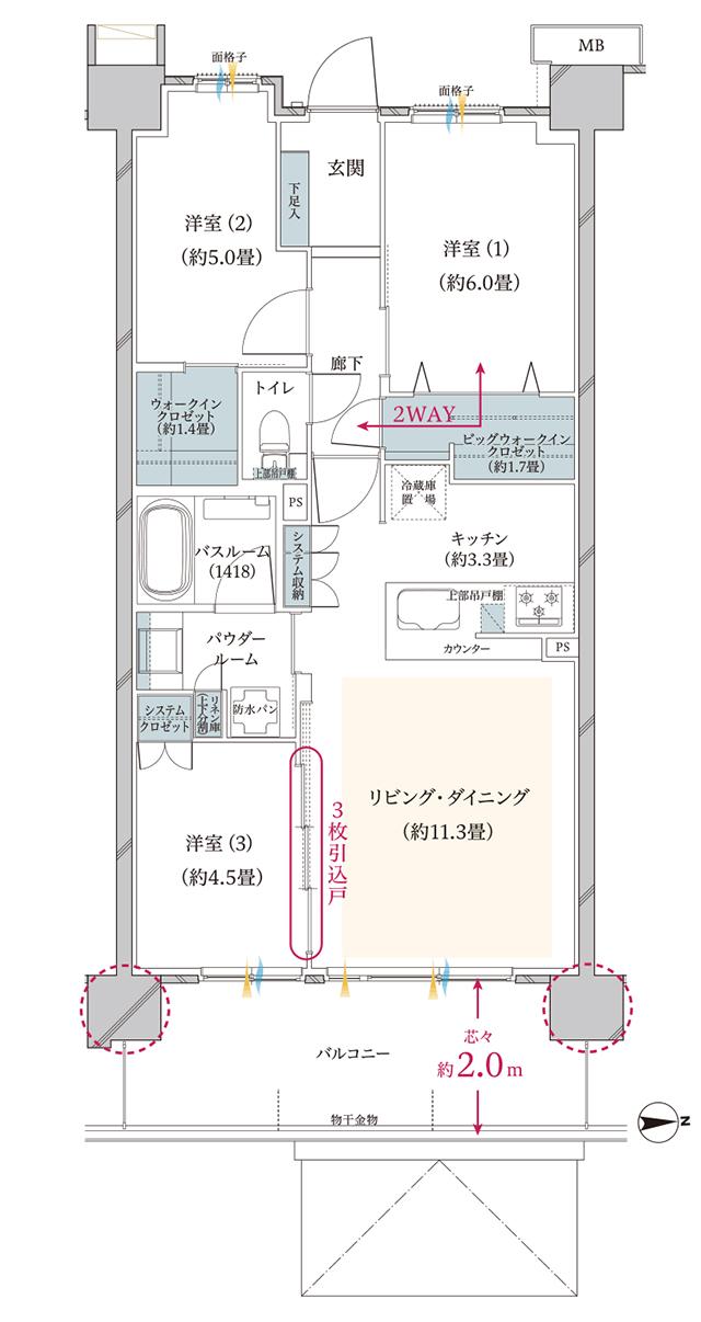 ヴェレーナ武蔵新城の間取り図　L：3LDK+BW+W