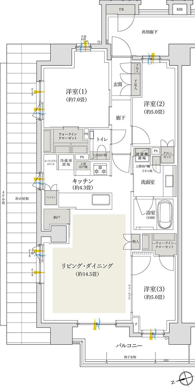 バウス日暮里の間取り図　M：3LDK+2WIC+N