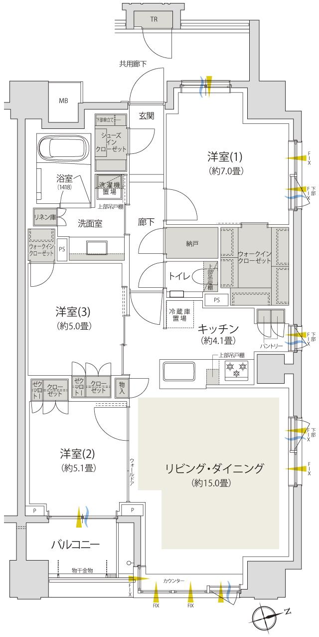 バウス日暮里の間取り図　N：3LDK+2WIC+SIC+N