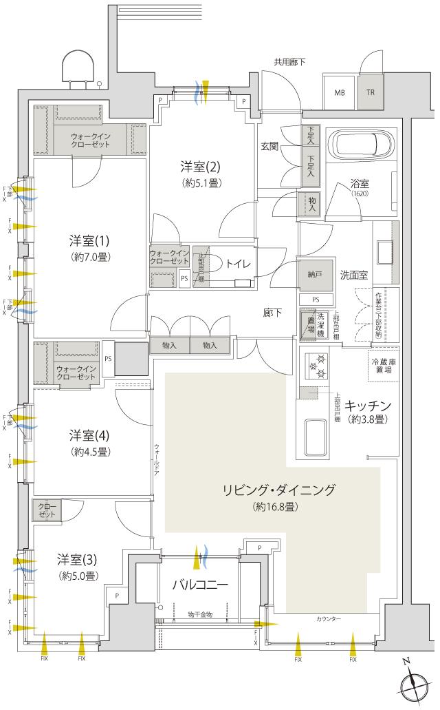 バウス日暮里の間取り図　Q：4LDK+3WIC+N