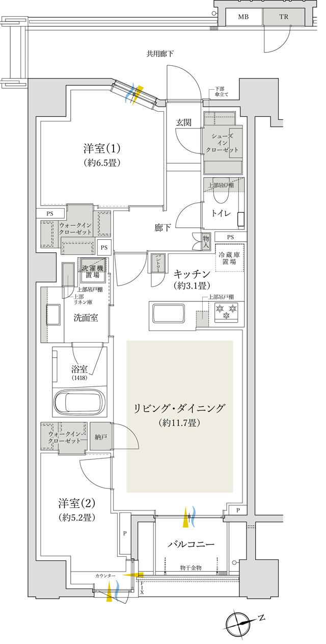 バウス日暮里の間取り図　I：2LDK+2WIC+SIC+N