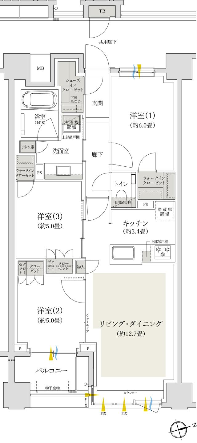 バウス日暮里の間取り図　J：3LDK+2WIC+SIC