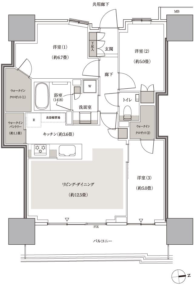幕張ベイパーク　ブルームテラスタワーの間取り図　E73：3LDK+2WIC+WIP