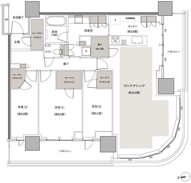 幕張ベイパーク　ブルームテラスタワーの間取り図　Sw114t：3LDK+3WIC+SIC+N
