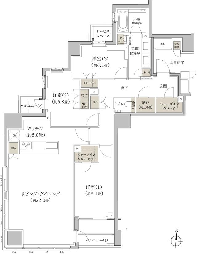 プラウド自由が丘ヒルトップの間取り図　A：3LDK+N+SIC+WIC
