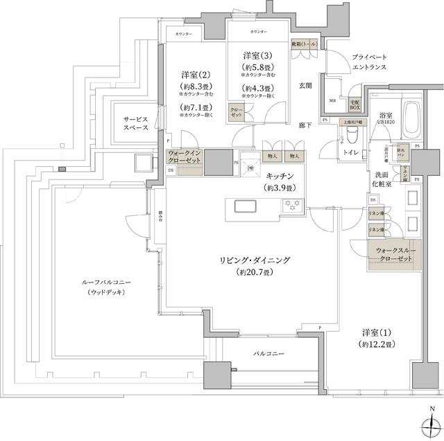 プラウド自由が丘ヒルトップの間取り図　Er：3LDK+WTC+WIC