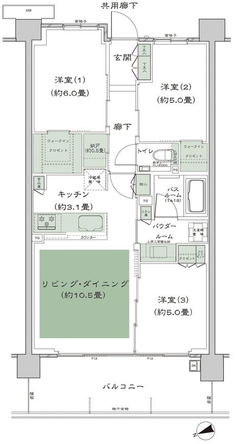 シティテラス善福寺公園の間取り図　A-B2：3LDK+N(納戸)+2WIC(ウォークインクロゼット)