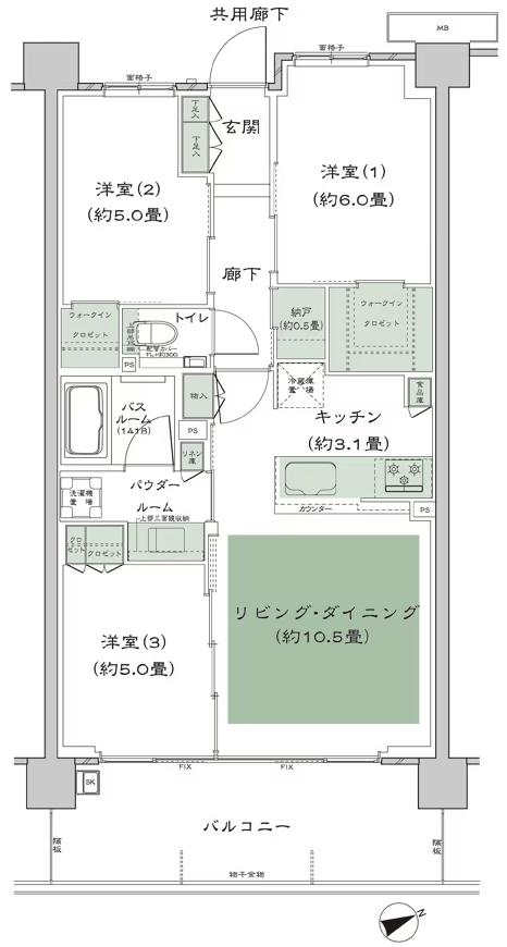 シティテラス善福寺公園の間取り図　D-B2'：3LDK+N(納戸)+2WIC(ウォークインクロゼット)