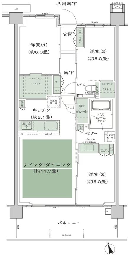 シティテラス善福寺公園の間取り図　B-C3'：3LDK+N(納戸)+2WIC(ウォークインクロゼット)