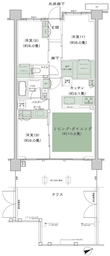 シティテラス善福寺公園の間取り図　D-B2't：3LDK+N(納戸)+2WIC(ウォークインクロゼット)