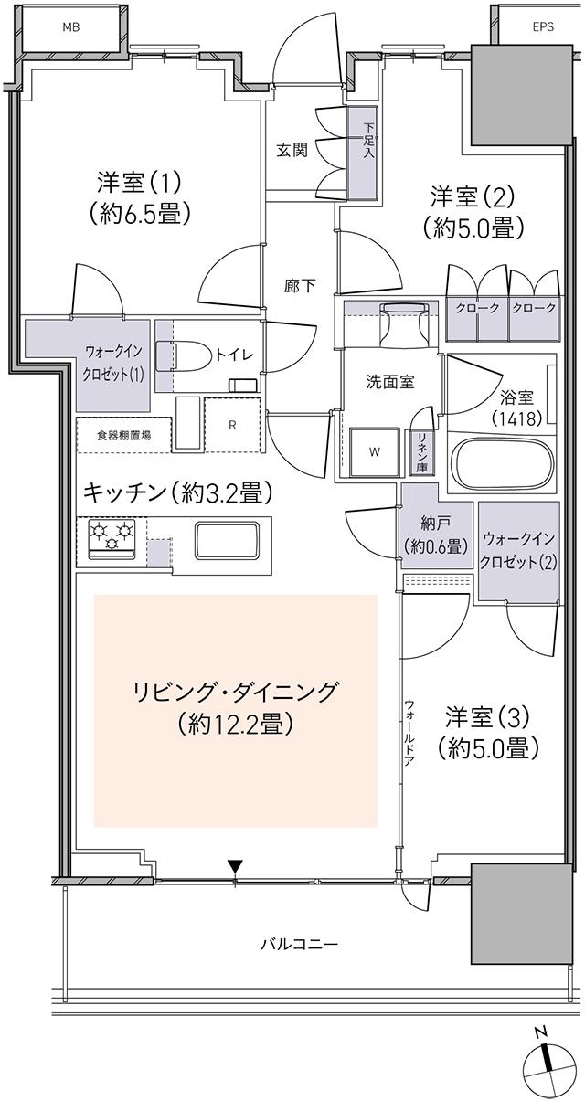パークタワー柏の葉キャンパスの間取り図　S70Bt：3LDK+2WIC+N