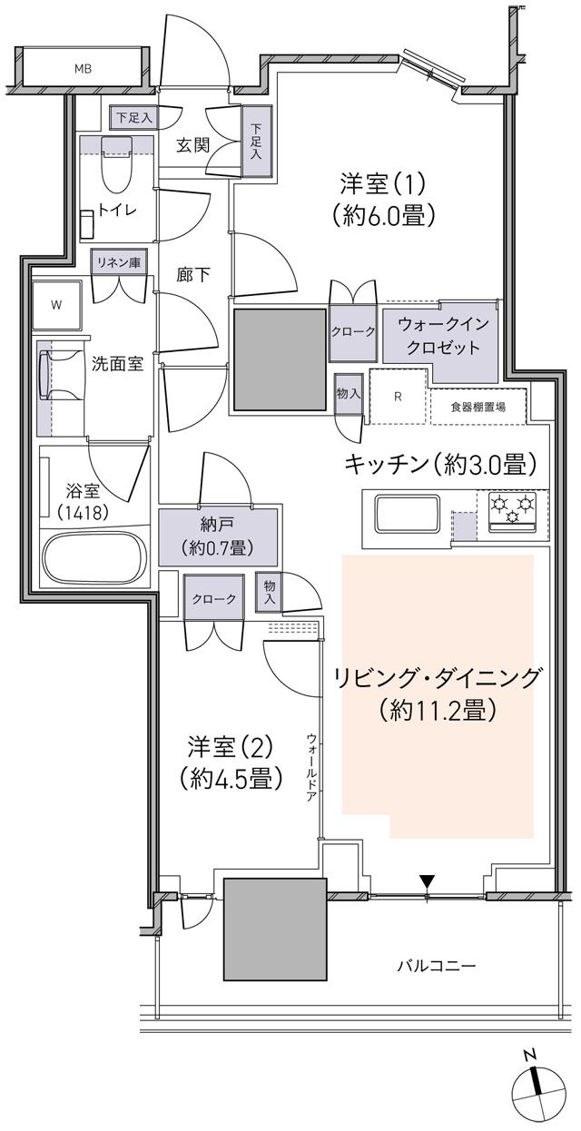 パークタワー柏の葉キャンパスの間取り図　S60C：2LDK+WIC+N