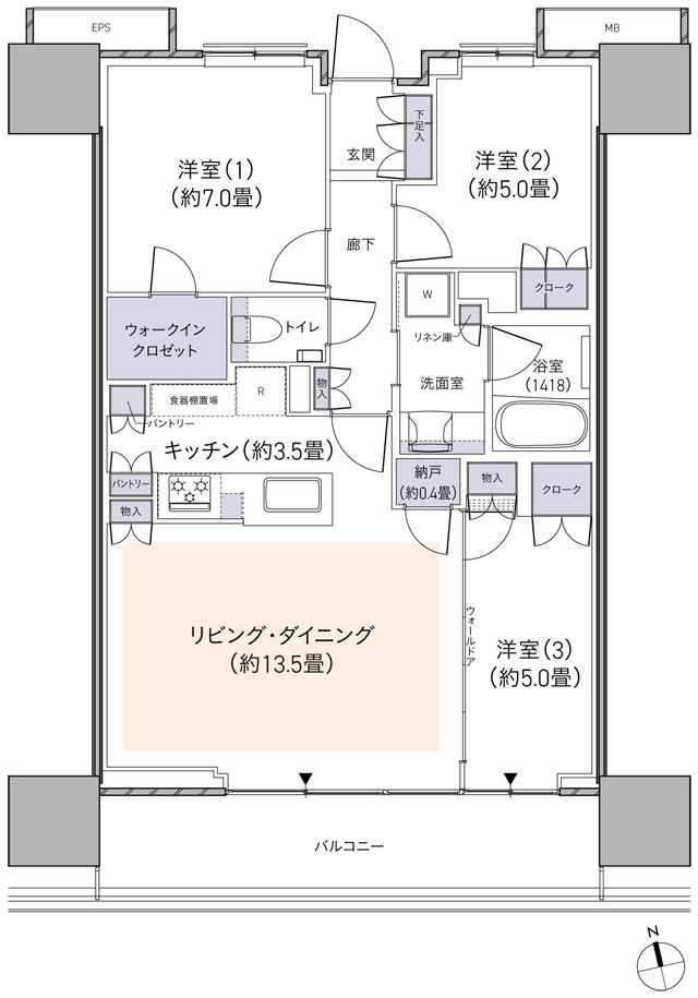 パークタワー柏の葉キャンパスの間取り図　S76F：3LDK+WIC+N
