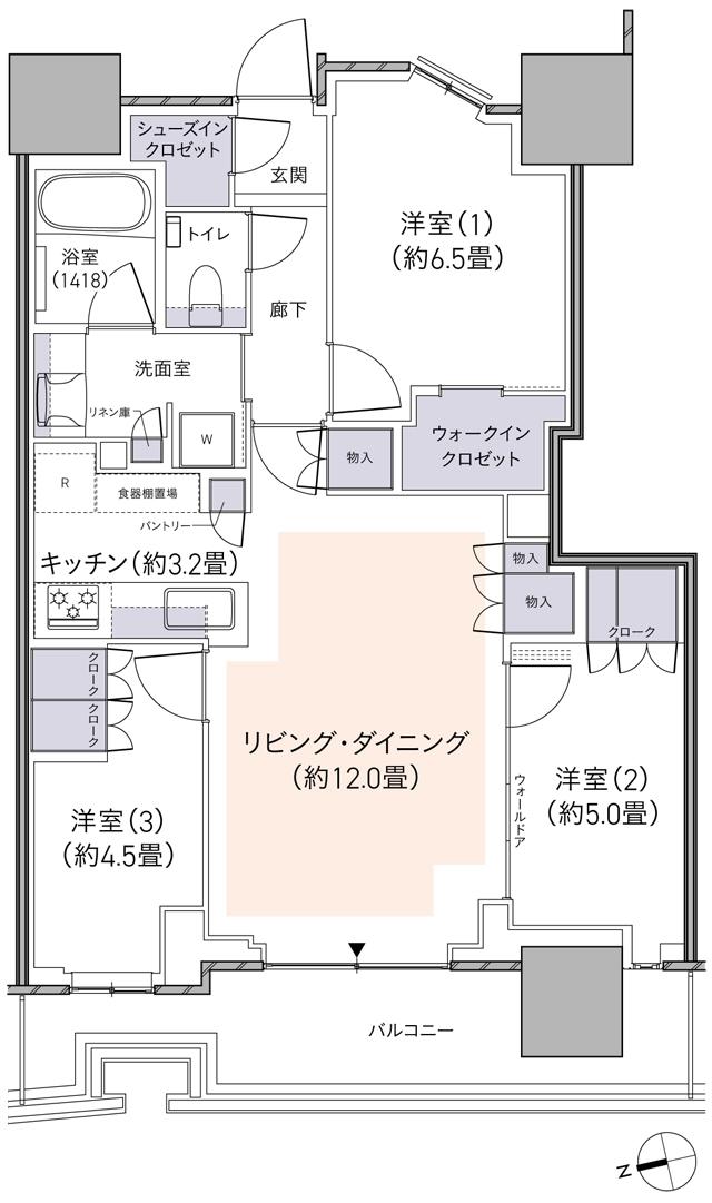 パークタワー柏の葉キャンパスの間取り図　W72Et：3LDK+WIC+SIC