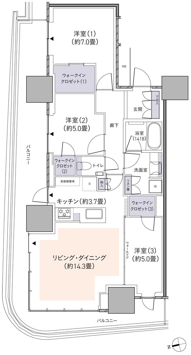 パークタワー柏の葉キャンパスの間取り図　W80It：3LDK+3WIC