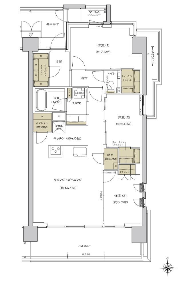 シエリア杉並高井戸の間取り図　J：3LDK+2WIC+SIC+N+パントリー