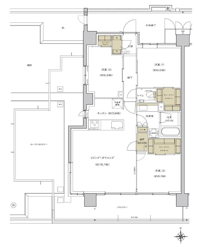 シエリア杉並高井戸の間取り図　K：3LDK+3WIC+SIC+N