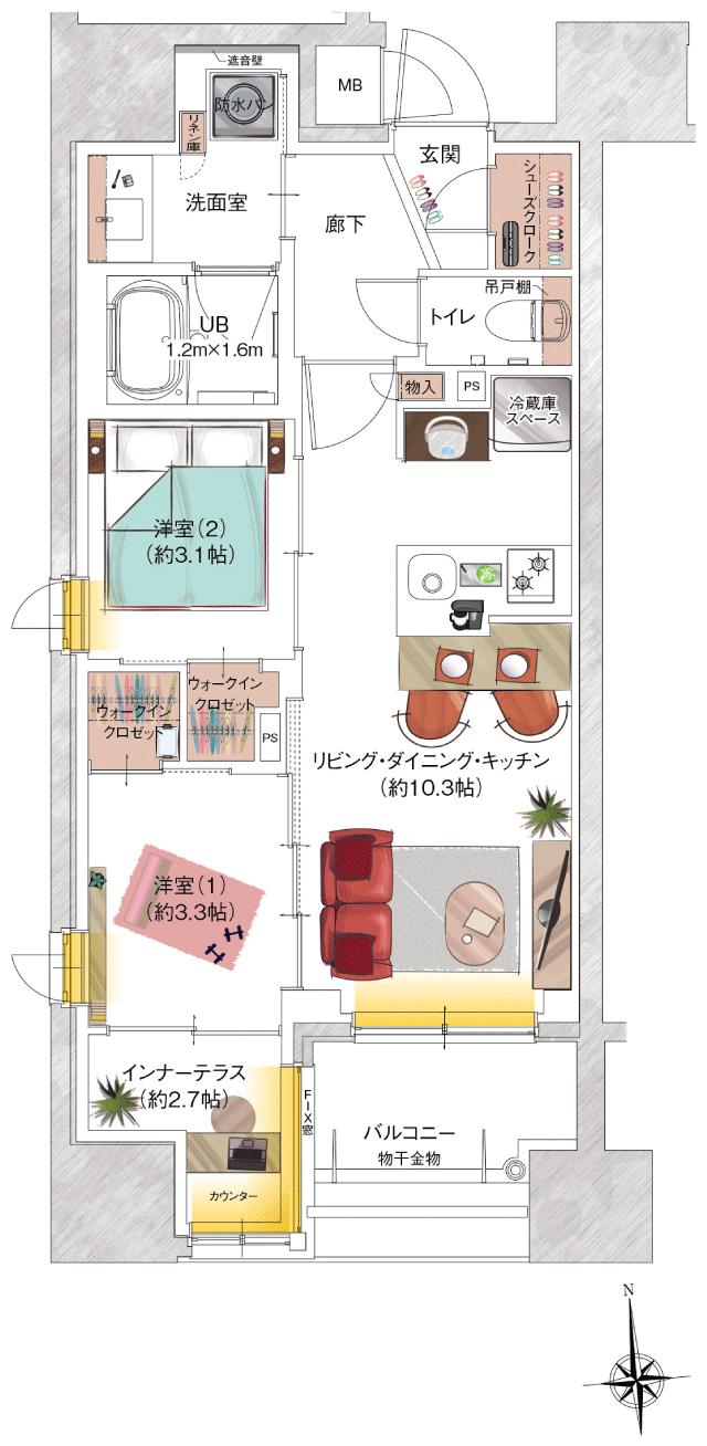 ソルティア府中宮町の間取り図　A：2LDK+ウォークインクロゼット×2＋シューズクローク＋インナーテラス