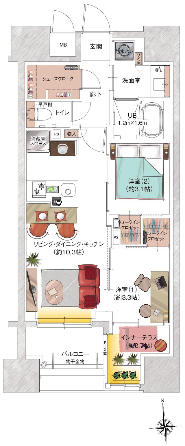ソルティア府中宮町の間取り図　B：2LDK+ウォークインクロゼット×2＋シューズクローク＋インナーテラス