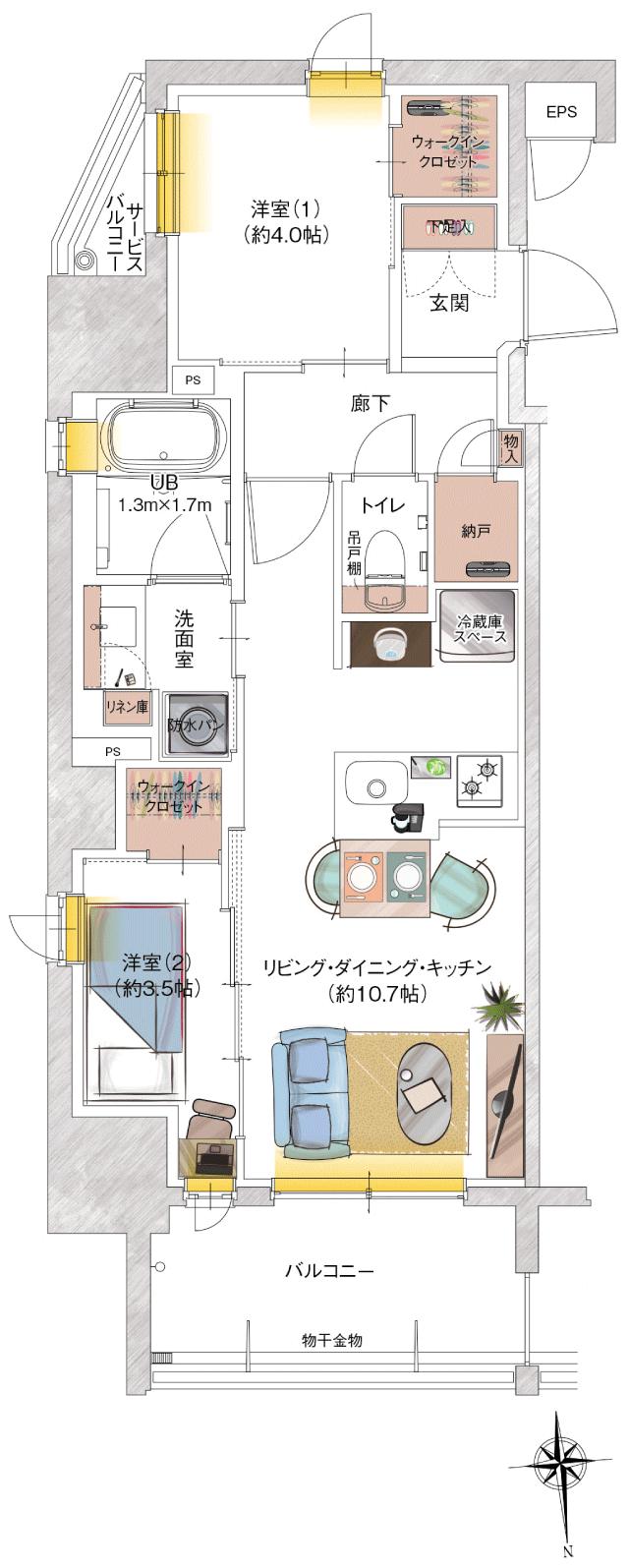 ソルティア府中宮町の間取り図　D：2LDK+ウォークインクロゼット×2＋納戸
