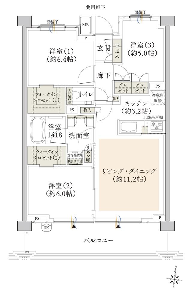 クレヴィア西国分寺の間取り図　B：3LDK+2WIC
