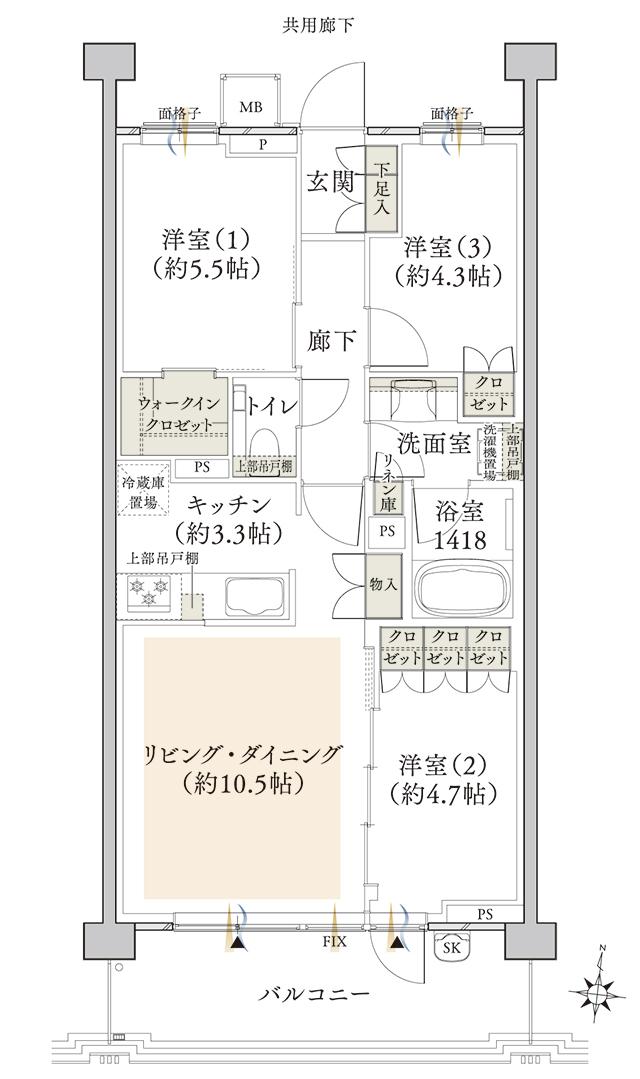 クレヴィア西国分寺の間取り図　J：3LDK+WIC