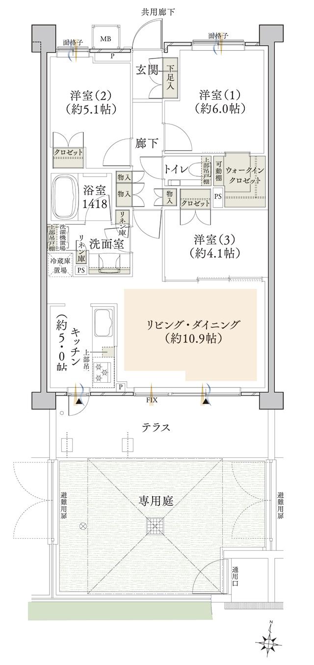 クレヴィア西国分寺の間取り図　N1t：3LDK+WIC