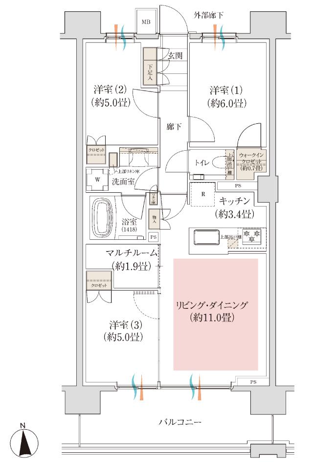 ローレルコート本厚木リーフィアレジデンスの間取り図　B1：3LDK+M+WIC