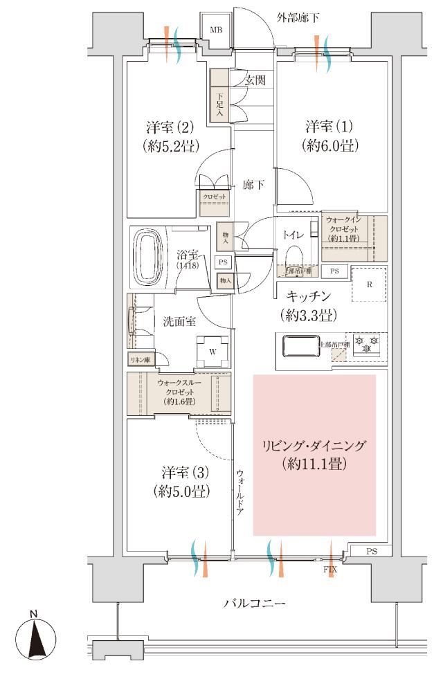 ローレルコート本厚木リーフィアレジデンスの間取り図　G：3LDK+WTC+WIC