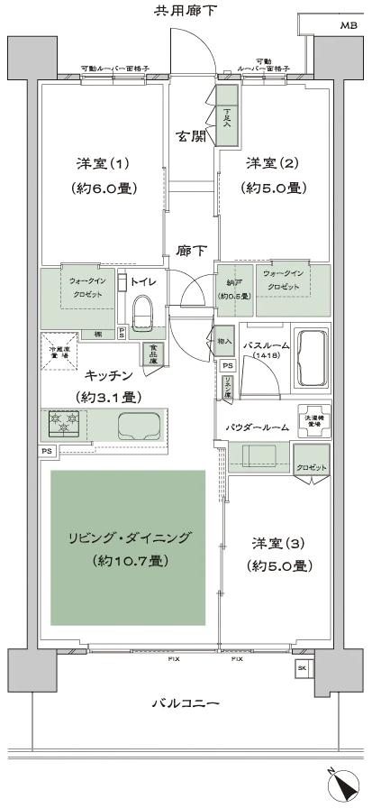 シティハウス西横浜の間取り図　C1：3LDK+N(納戸)+2WIC(ウォークインクロゼット)