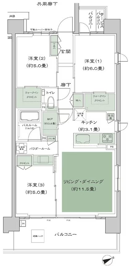シティハウス西横浜の間取り図　M：3LDK+N(納戸)+2WIC(ウォークインクロゼット)