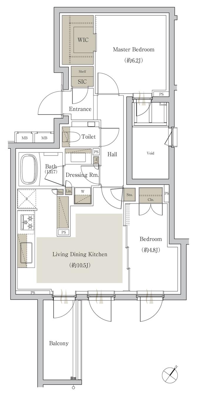 サンウッド荻窪の間取り図　B：2LDK+WIC+SIC