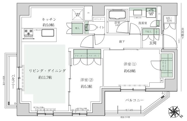 ザ・ヒルズ横浜希望ヶ丘レジデンスの間取り図　E：2LDK+WIC
