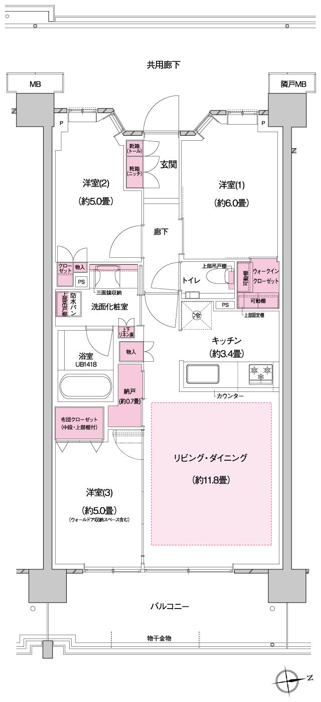 プラウドシティ国立の間取り図　B-06：3LDK+N+WIC