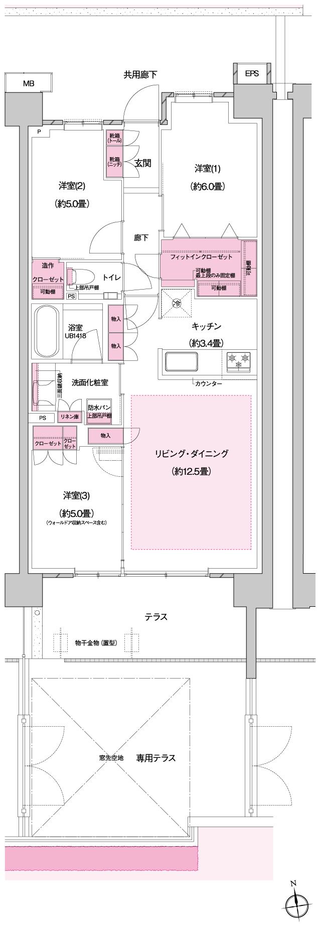 プラウドシティ国立の間取り図　D-13g：3LDK+FIC