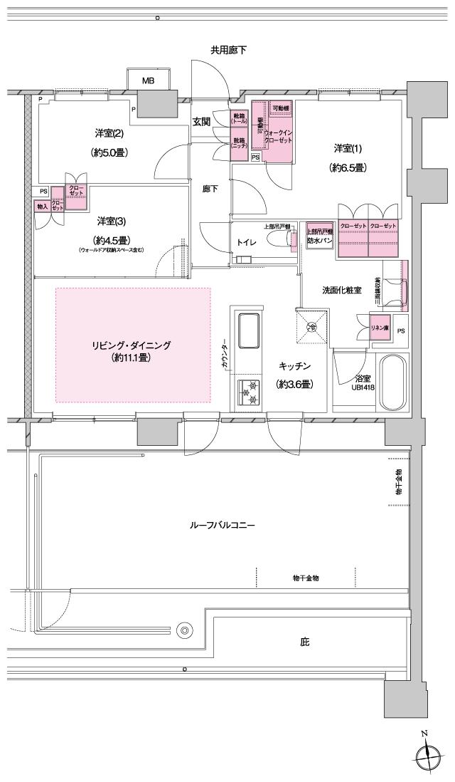 プラウドシティ国立の間取り図　D-30r：3LDK+WIC